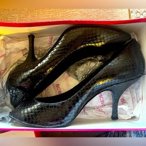 BCBGirls; black snake heels; size 10; open toe and heel